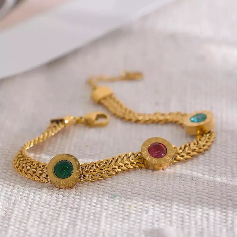 Women’s bracelet, Aurora bracelet, Gold bracelet for women, Stainless steel bracelet, Multicoloured bracelet, Cuban link bracelet, Gold-plated bracelet, Elegant women’s jewellery, Sparkling cubic zirconia bracelet, Stylish women’s accessory