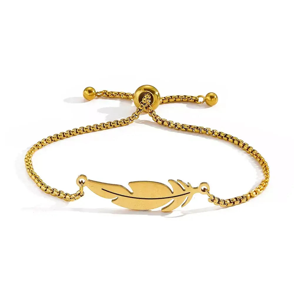 feather bracelete,
women’s bracelet,
stainless steel bracelete,
feather charm bracelete,
gold feather bracelet,
silver feather bracelete,
adjustable women’s bracelet,
minimalist bracelet for women