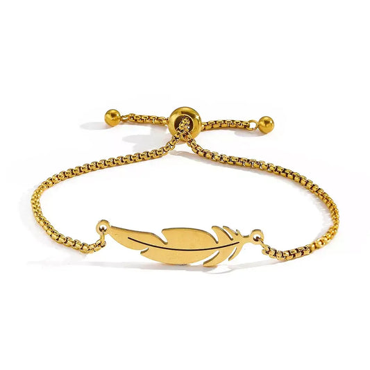 feather bracelete,

women’s bracelet,

stainless steel bracelete,

feather charm bracelete,

gold feather bracelet,

silver feather bracelete,

adjustable women’s bracelet,

minimalist bracelet for women
