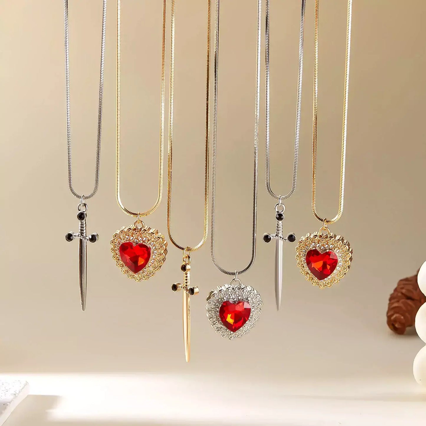 Heart & Sword Zircon Necklace Set