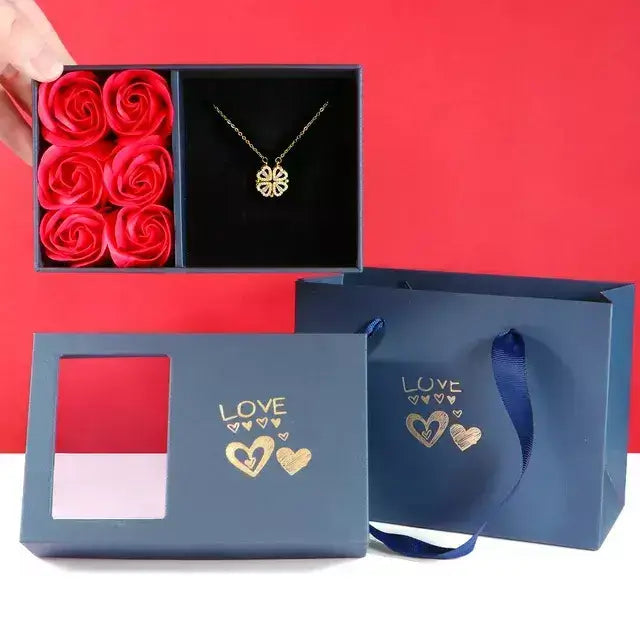 Magnetic Love Clover Necklace, Romantic necklace for couples, Couple’s magnetic necklace, Heart clover pendant necklace, Unisex romantic jewellery UK, Anniversary gift for her UK, Valentine’s Day gift UK, Meaningful gift for loved one, Symbolic love necklace, Gift box with roses necklace, Magnetic couple necklace UK, Love pendant necklace, Special occasion necklace, Romantic jewellery gift, Unique necklace for girlfriend, Eternal love necklace, Lucky clover necklace, Magnetic heart necklace