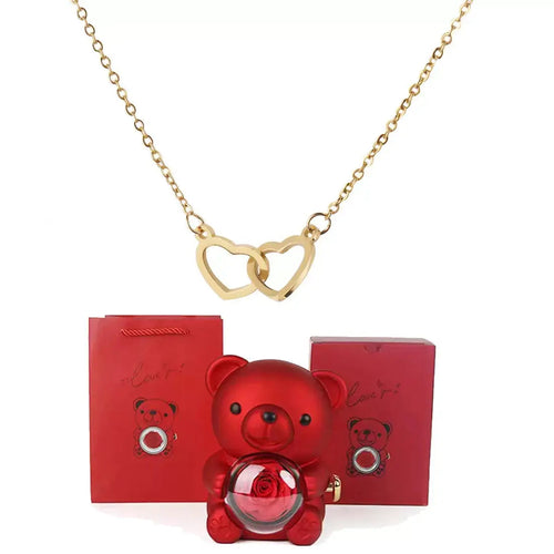 Double Heart Necklace, Romantic Gift for Her, Valentine’s Day Gift for Her, Anniversary Necklace Gift, Heart Pendant Necklace, Teddy Bear Gift Box, Love Heart Necklace, Jewellery Gift Set for Her, Meaningful Gift for Girlfriend, Luxury Necklace Gift
