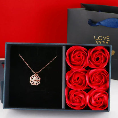 Magnetic Love Clover Necklace, Romantic necklace for couples, Couple’s magnetic necklace, Heart clover pendant necklace, Unisex romantic jewellery UK, Anniversary gift for her UK, Valentine’s Day gift UK, Meaningful gift for loved one, Symbolic love necklace, Gift box with roses necklace, Magnetic couple necklace UK, Love pendant necklace, Special occasion necklace, Romantic jewellery gift, Unique necklace for girlfriend, Eternal love necklace, Lucky clover necklace, Magnetic heart necklace